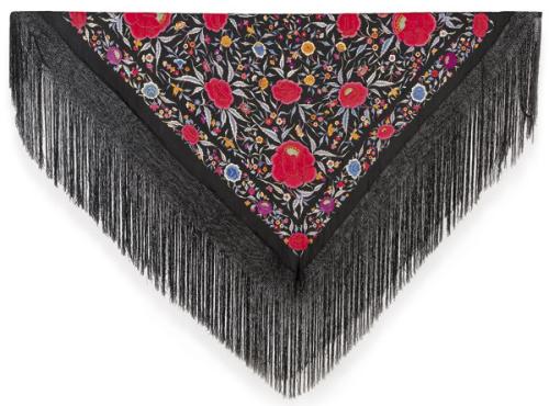  Mantón de seda natural negra bordada en colores.