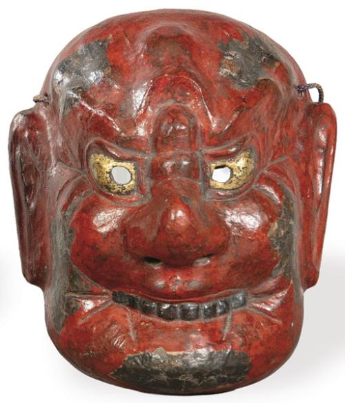  Máscaras de teatro Nho de Oni (demonio) realizada en madera pintada en rojo y dorada, Japón 1930-40.