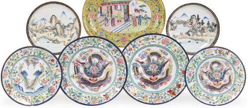  Lote de seis platos chinos de esmalte h. 1960-70