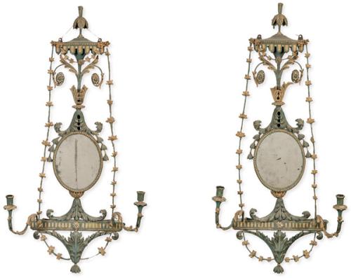  Pareja de apliques Jorge III de madera tallada y pintada, Inglaterra último tercio S. XVIII.