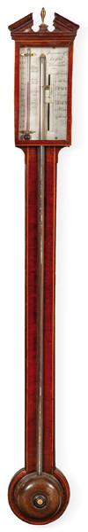 Barómetro inglés de madera de caoba y fileteado de palorosa de Joghine & Co. Bristol S. XIX.