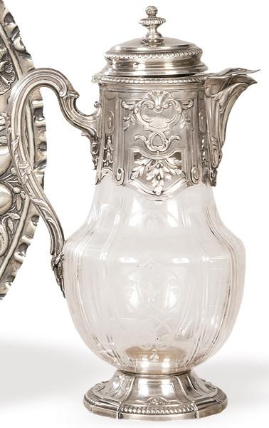  Jarra con tapa de cristal y plata francesa punzonada Ley 950 de  Émile Puiforcat, ff. S. XIX pp. S. XX.