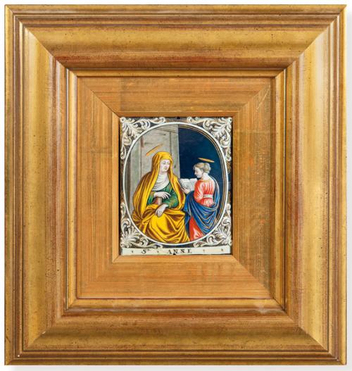  "Santa Ana Escuchando Leer a La Virgen", placa de cobre pintada, Limoges S. XVIII.