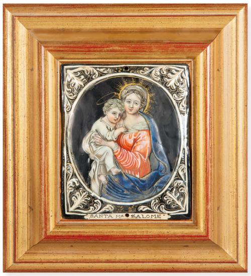 "Santa María Salome con uno de sus Hijos" placa de cobre pintada, Limoges S. XVIII.