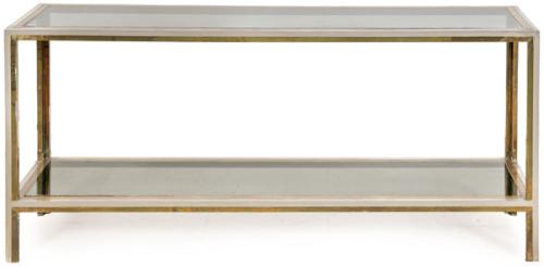  Consola con estructura en metal cromado y latón, con tapa y estante inferior en cristal ahumado.