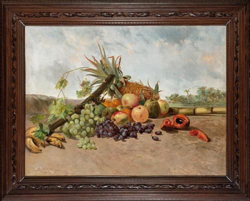  GABRIEL OSMUNDO GÓMEZ - Bodegón con uvas, manzanas, mamey zapote, plátano manzano, caña de azucar y piña