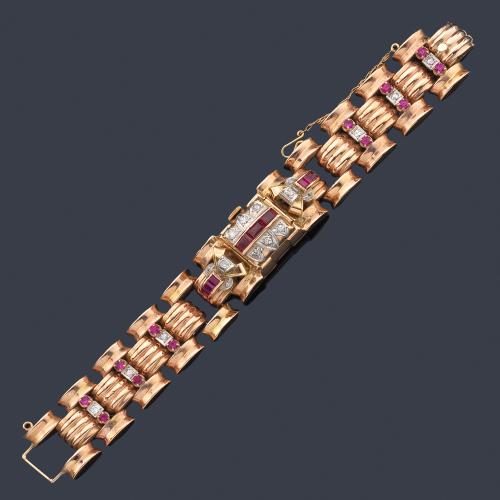  Reloj - joya de Girard Perregaux retro con rubíes sintéticos y diamantes talla 8/8, realizado en oro rosa de 18K. Años '40.