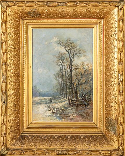  ESCUELA ESPAÑOLA S. XIX - Paisaje nevado con cazador