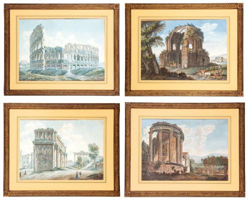 ESCUELA ITALIANA S. XVIII - Vistas del Templo de Minerva, Templo de Vesta, Arco de Tito y el Coliseo de Roma