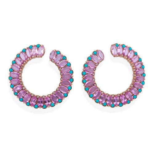  Criollas con banda curvada de zafiros rosas talla marquís de aprox. 9,98 ct en total intercalado con turquesas.