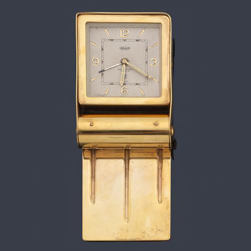  JAEGER para SAINTYVES París, reloj despertado de viaje en metal dorado.