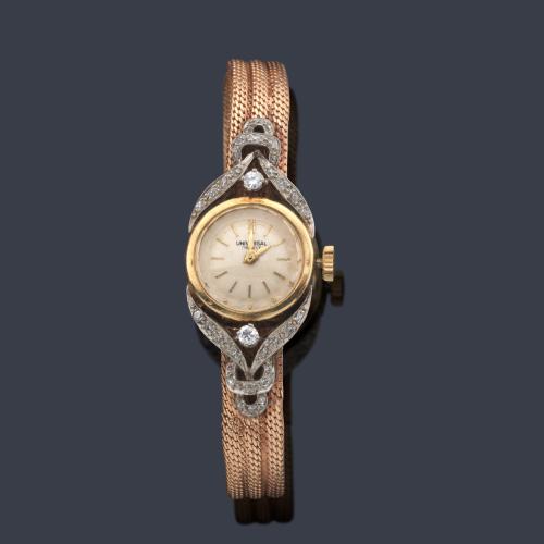 UNIVERSAL de señora con caja en oro rosa de 18 K y diamantes.