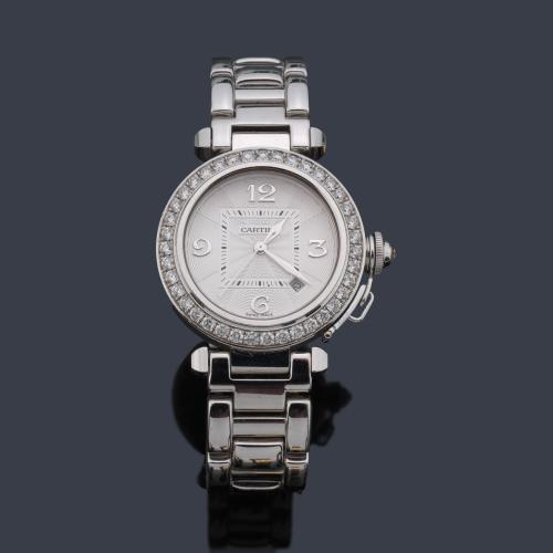  CARTIER Pasha nº 2528 de señora con caja y brazalete en oro blanco de 18 K y orla de brillantes.