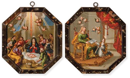ESCUELA NOVOHISPANA S. XVIII - Adoración de los pastores y Santa Ana enseñándole a leer a la Virgen María