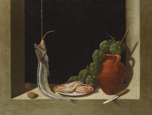  SEGUIDOR DE JUAN SÁNCHEZ COTÁN S. XVII - Bodegón con merluza, plato con brecas, nueces, alcachofas y cántaro de barro