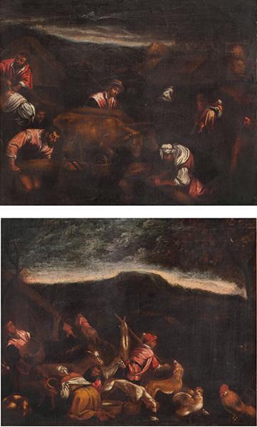  TALLER DE JACOPO BASSANO S. XVII - Pareja de escenas pastoriles