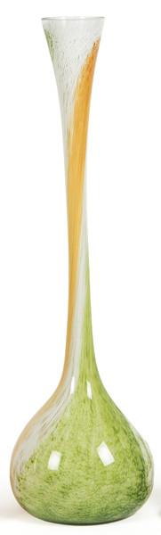  Jarrón de cristal de Murano de cuello largo en colores jaspeados, naranja, verde y blanco.