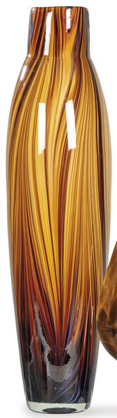 Jarrón fusiforme de cristal de Murano doblado con interior opalina y exterior de líneas marrónes.