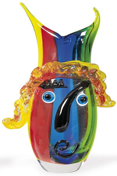 Jarrón de cristal de Murano con cara Picassiana y franjas verticales de colores.