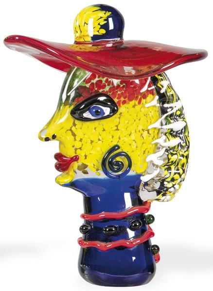 Cabeza Picassiana en cristal de Murano multicolor.