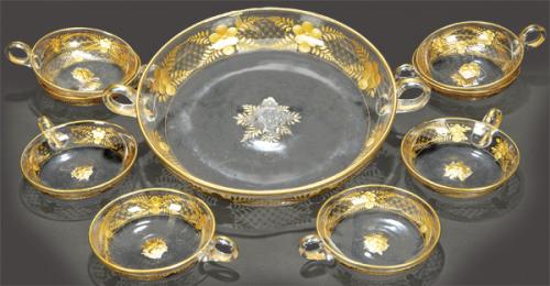  Juego de postre de cristal francés tallado y dorado al fuego pp. S. XX.