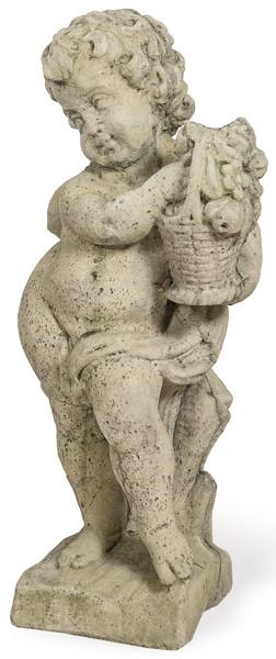  Niño con cesta de frutas en arenisca para jardín.