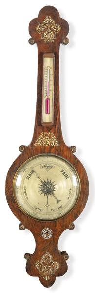  Barómetro termómetro victoriano de caoba con marquetería de nácar, Inglaterra S. XIX.