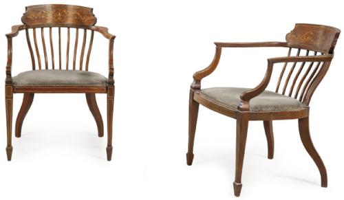  Pareja de butacas eduardinas en madera de palosanto con decoración de marquetería. Respaldo calado y recortado, y tapicería de tela de época posterior. Inglaterra, finales S. XIX