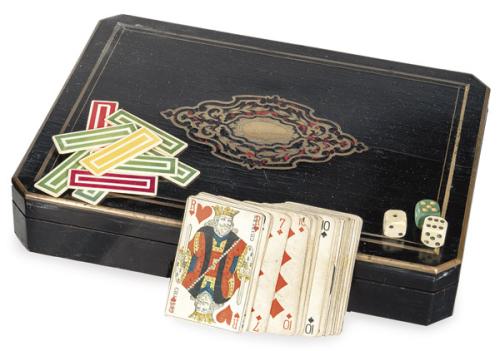  Caja de juego Napoleon III de madera ebonizada con marquetería de latón, Francia h. 1860-70.
