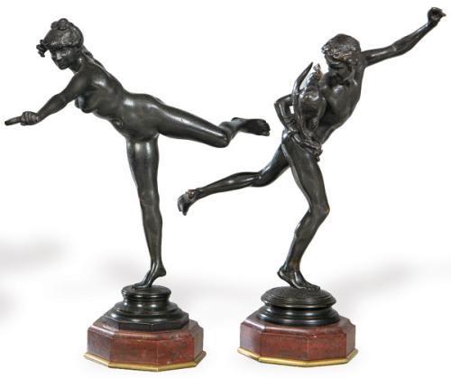 "Hipómenes y Atalanta" en bronce patinado con sello de fundición de Thebaut Freres Fondeur Paris, S. XIX.