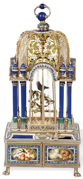Jaula con pájaro autómata en plata y esmalte Karl Griesbaum h. 1905-1910
