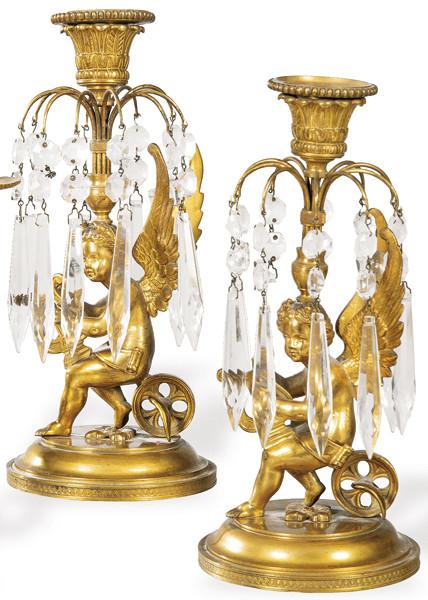  Dos parejas de candeleros de latón dorado y pandelocas de cristal ff. S. XIX