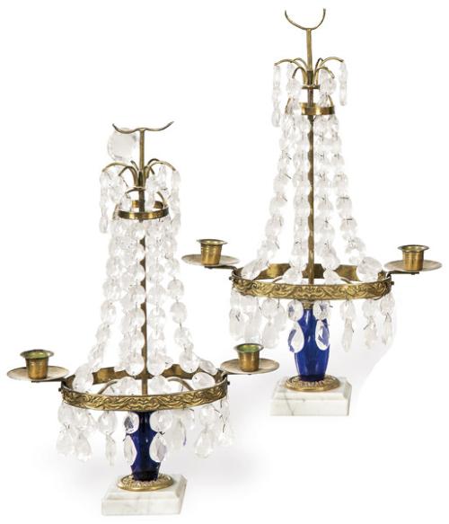  Dos parejas de girándolas en latón y cristal, Francia S. XIX