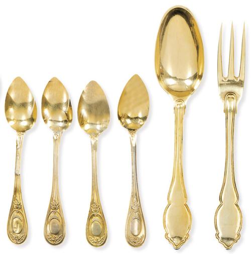  Juego de 12 cucharilas de plata francesa dorada y cuchara y tenedor
