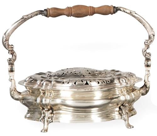  Calentador con asa de madera de plata italiana punzonada Ley 800.