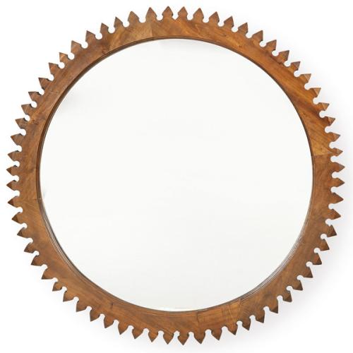 Marco de espejo circular de perfil dentado, en madera de caoba.