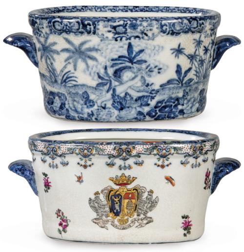 Dos enfriadores de porcelana de estilo chino, España S. XX.