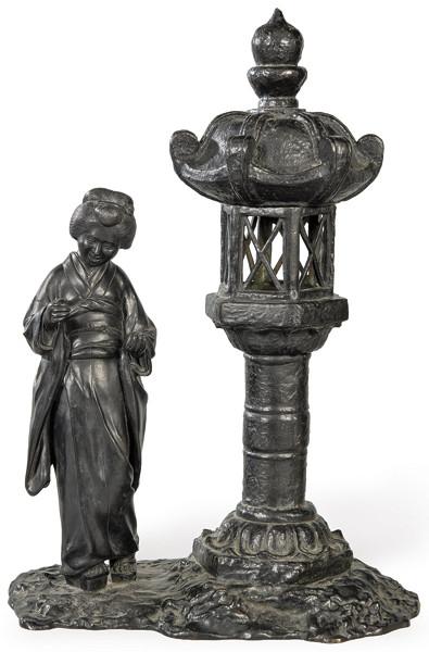  Farol o quemador de incienso, convertido en lámpara en bronce patinado, Japón Periodo Meiji (1868-1912)