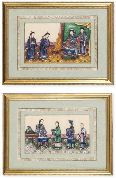 Pareja de papeles de arroz chinos pintados al gouache con cuatro tipos populares, Dinastía Qing S. XIX.