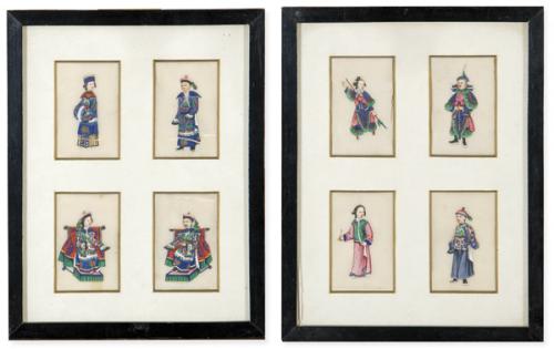 Pareja de papeles de arroz chinos pintados al gouache "Escenas Palaciegas", Dinastía Qing S. XIX.