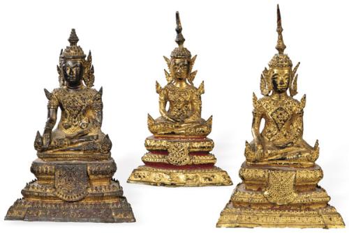  Tres Budas tailandeses de metal dorado S. XIX