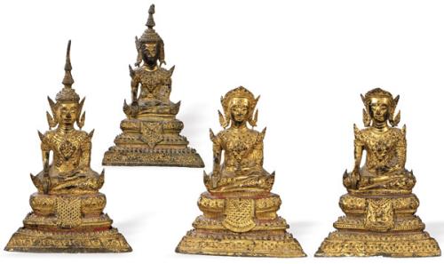  Cuatro Budas de metal dorado, Tailandia S. XIX.