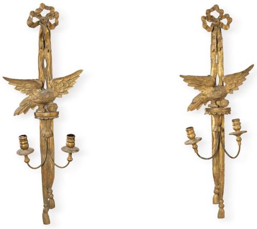  Pareja de apliques de pared de madera tallada y dorada estilo Jorge III, S. XX.