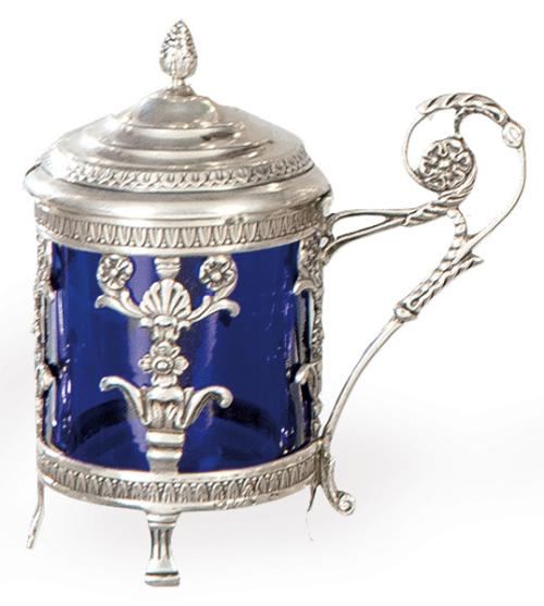 Azucarero de plata sueca punzonada Ley 830 con depósito de cristal azul cobalto.