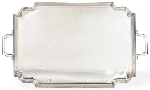 Bandeja mixtilínea con asas de plata inglesa punzonada Ley Sterling de Frank Cobb & Co. Sheffield 1932.