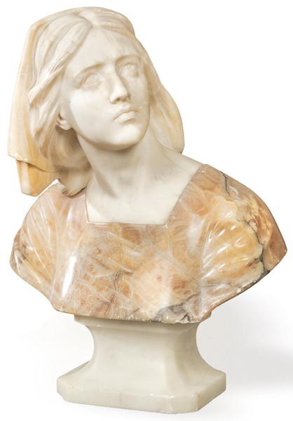"Mujer" Busto en alabastro y mármol rosa tallado, Francia ff. S. XIX.