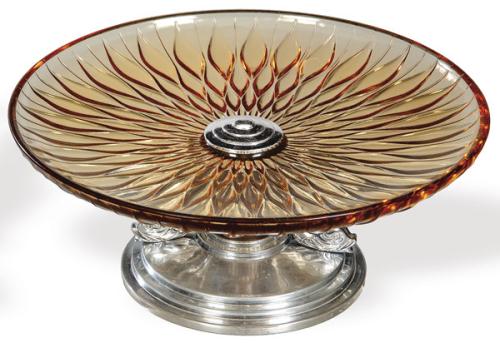 Centro de mesa Art Decó en cristal prensado con dibujo radial, base en palosanto y latón cromado con figuras de pez. Francia c. 1930