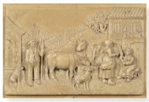 "Escena Pastoril" placa de cerámica en relieve, Francia S. XIX.