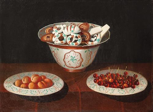  DESPUÉS DE JUAN VAN DER HAMEN S. XIX-XX - Bodegón con pasteles, ciruelas sobre platos de porcelana