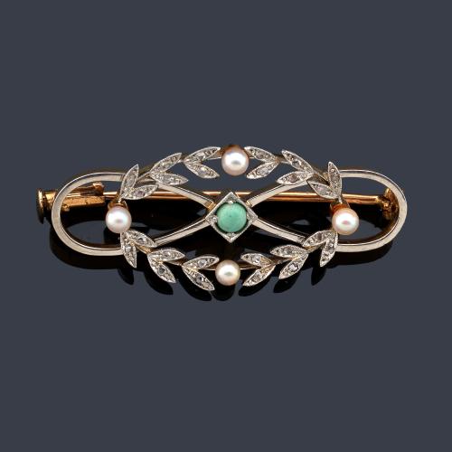  Broche época 'art nouveau' con perlitas, diamantes y turquesas. Circa 1900.